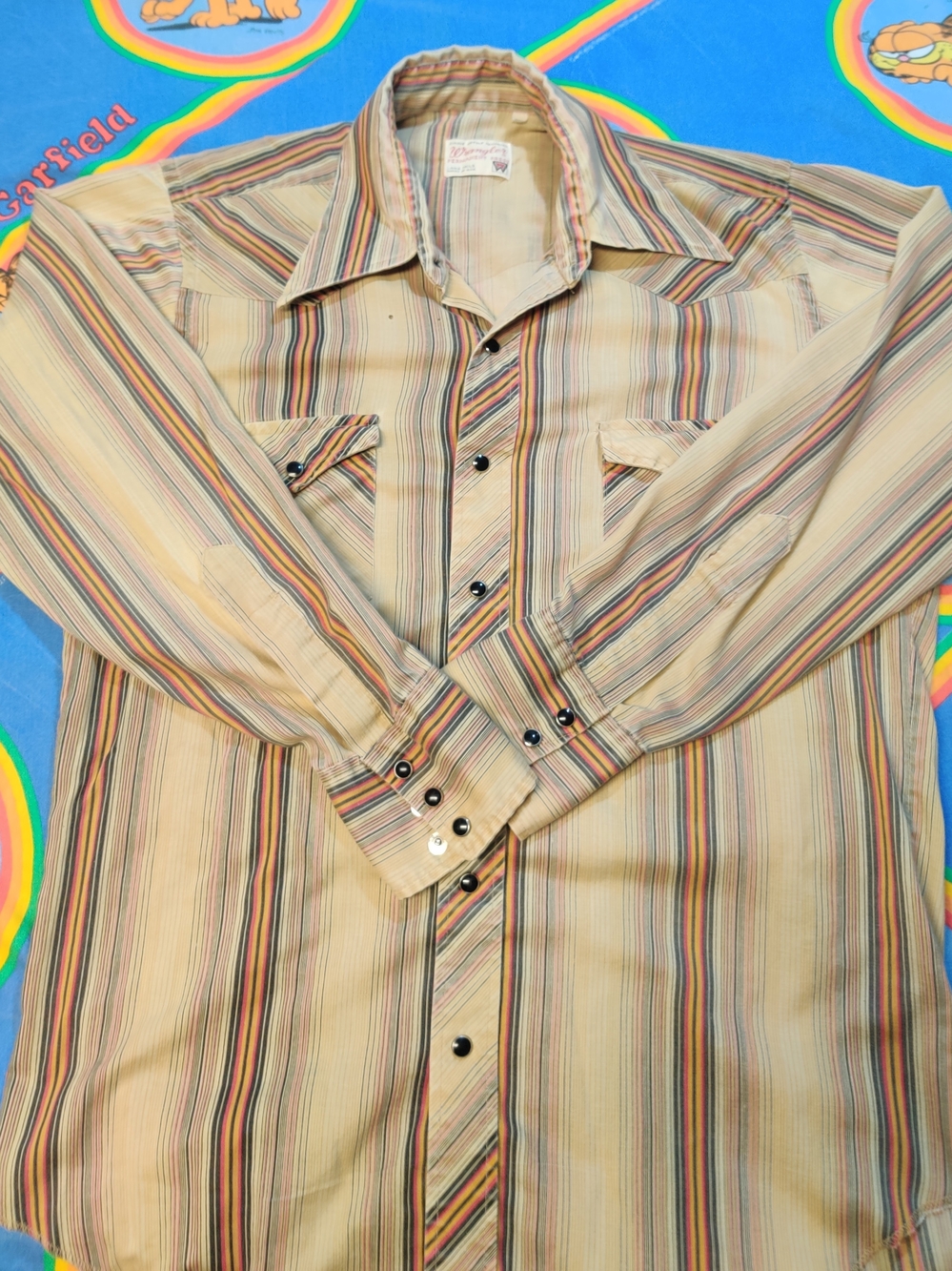 Vintage 70s Wrangler Permanent Press Striped Pearl Snap Western Shirt USA Made